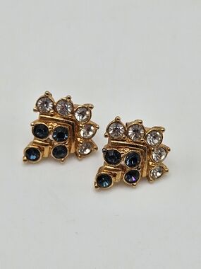 VINTAGE Avon Majestic Gold Tone Blue and Clear Rhinestone Cluster Earrings